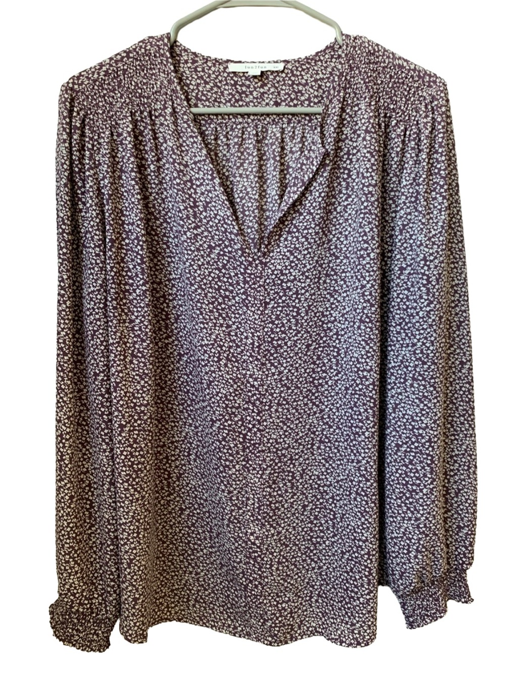 FUN 2 FUN Women’s Purple Cream Print V-neck Long Sleeve Blouse